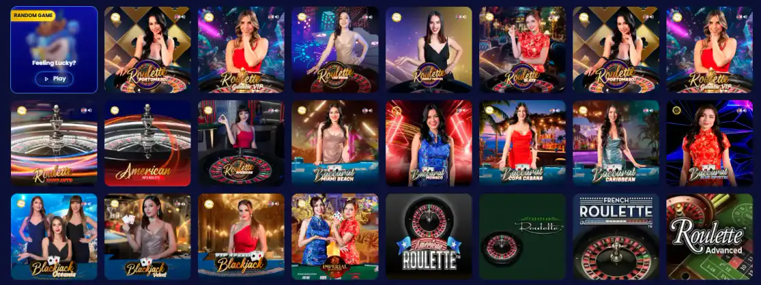 Bubbles Bet live casino games featuring roulette, blackjack and baccarat tables